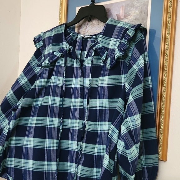 Topshop collared shirt blue plaid Peasant Baloon Sleeve Bohemian 8 Cottagecore - Picture 5 of 13